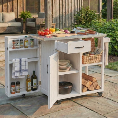 Îlot de cuisine extérieur avec plateau en acier inoxydable, porte-serviettes et porte-épices