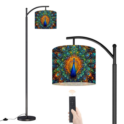  Arc Floor Lamp Vibrant Peacock Multicolored Feathers Stained Glass Print Style Tall Modern Standing Lamp LED Adjustable Linen Lampshade 3 Color Temperatures
