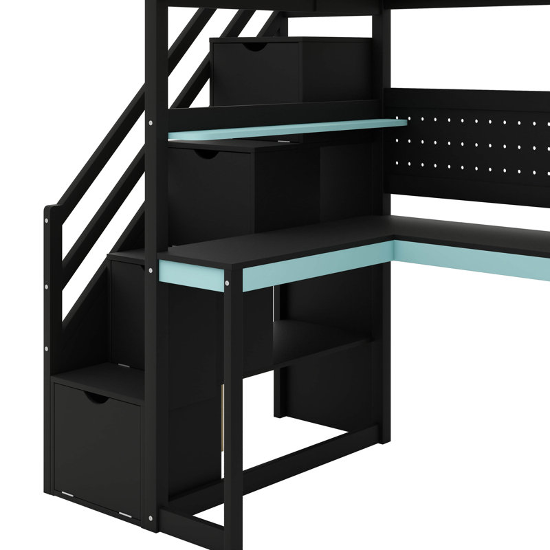 Twin-Size Wooden Loft Bed Designed For Gaming, Features Stairs With Storage, Built-In Desk, Shelves & Pegboard, Twin