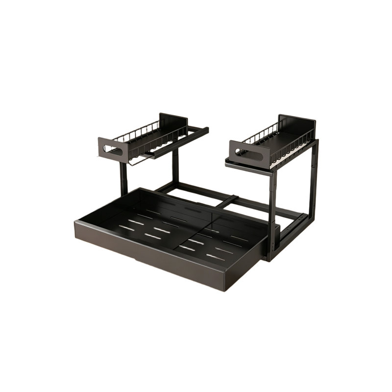Metal Under Sink Storage Organiser, Adjustable 2 Tier Pull Out Under Sink Storage (2 in 1 Black)