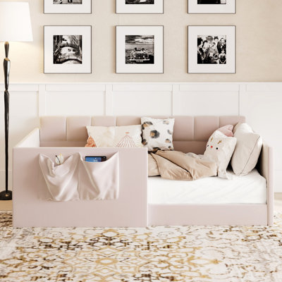 Daybed Velvet Upholstered Sofa Bed With High Side Panels And Side Entrance, Space-Saving Guest Bed With Storage Pockets