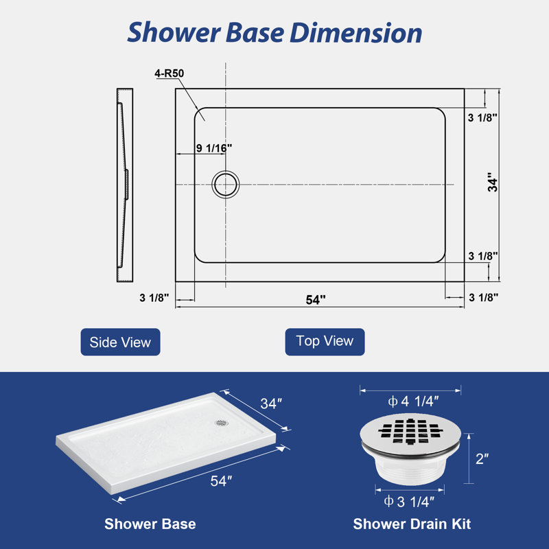 Base de douche 54 po x 34 po blanc pur avec 3 brides amovibles