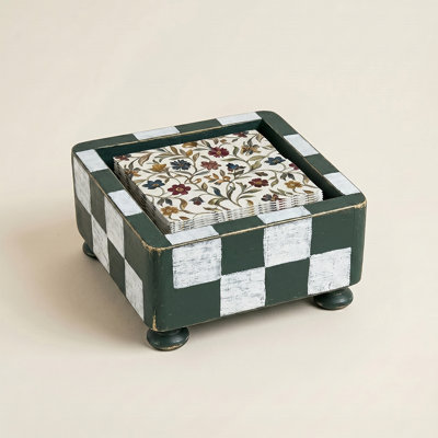Porte-serviettes à carreaux en bois - Serviette de cocktail carrée rustique fabriquée à la main avec des pieds en oignon, finition vieillie