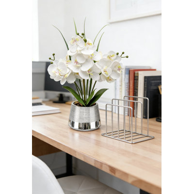 Lifelike Artificial White Phalaenopsis Orchid Arrangement In Silver Ceramic Pot, Realistic Faux Orchid Centerpiece For Home And Office Decor