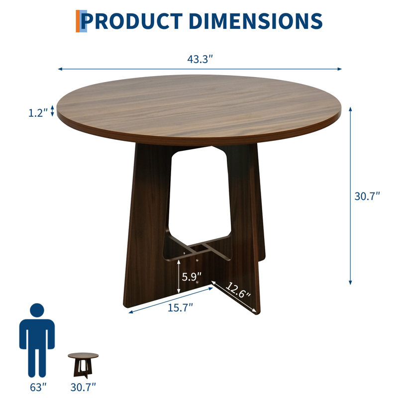 Round Dining Table for 4, 43" Small Farmhouse Circle Kitchen Dinner Table with Wooden Pedestal Base, Space Saving Wood Dining Room Furniture for Living Room, Apartment, Walnut