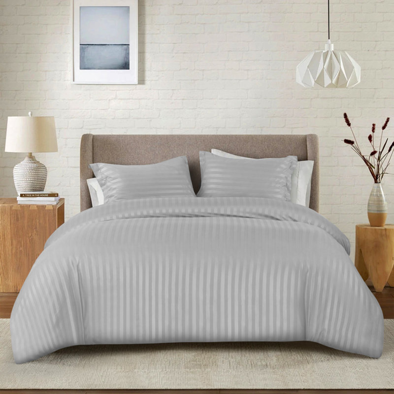 Noso Premium Hotel Quality Satin Stripe Duvet Cover Set with Pillowcases, Silver, King