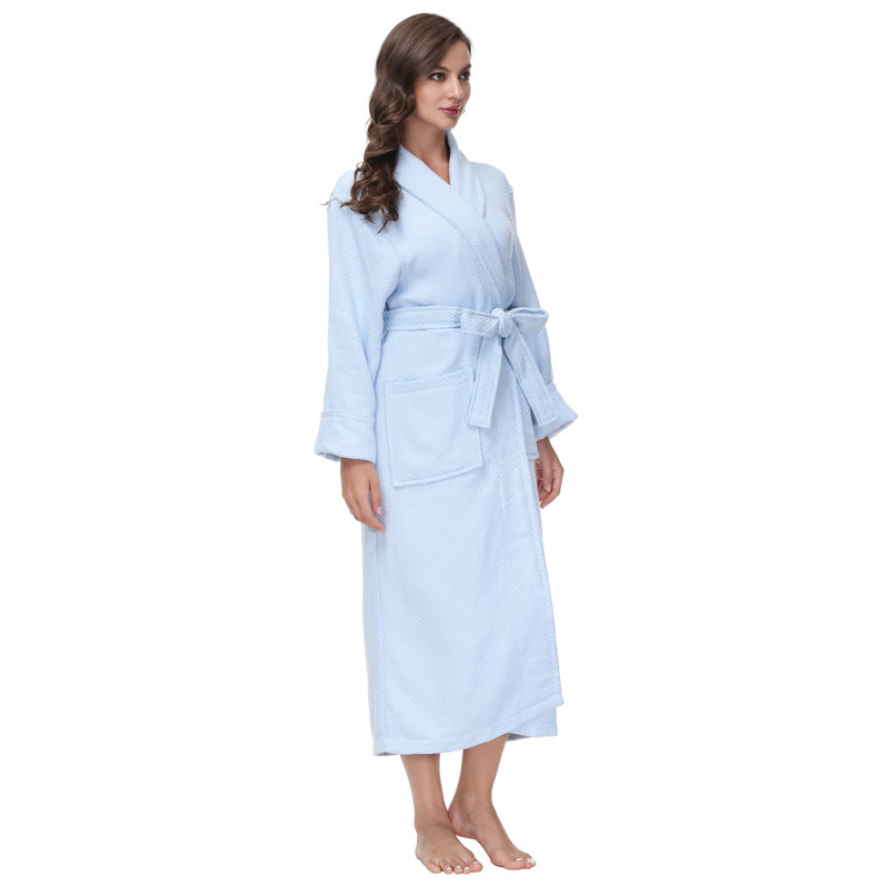 Blue Cotton Waffle Knit Ankle-Length Bathrobe