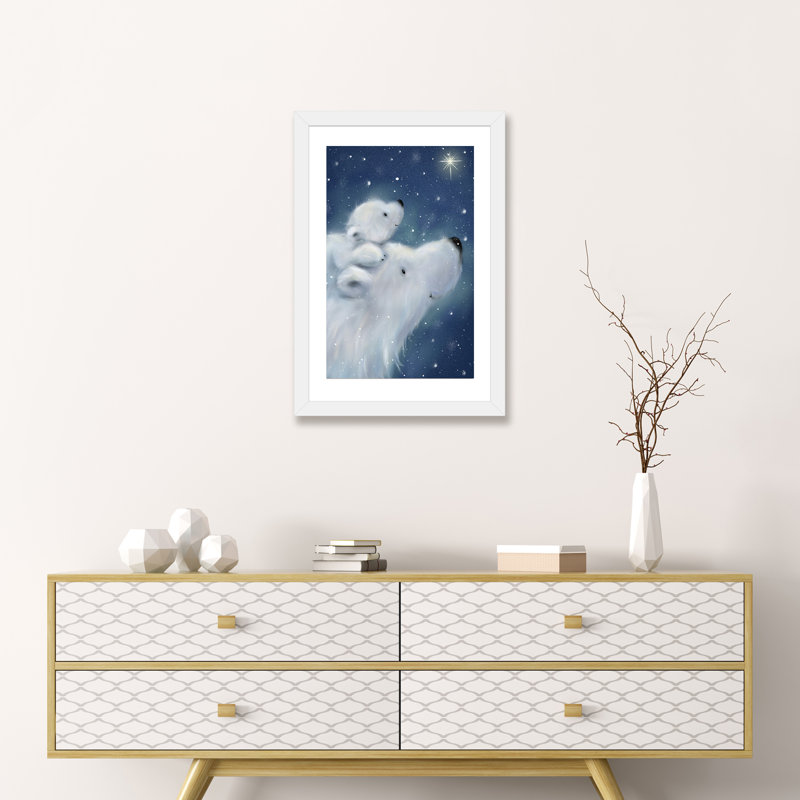 «Polar Bear and Cub II» par Makiko - impression d'art graphique, Papier encadré blanc, Blanc, H 24 po x l 16 po x P 1 po