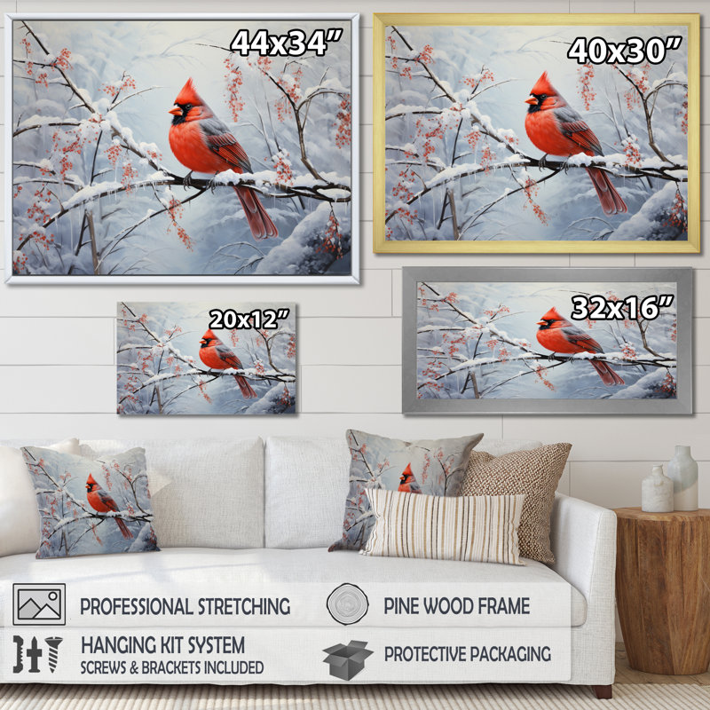 Canada, cardinal rouge, Winter Wonderland IV - impression, Cadre flottant noir, H 12 po x l 20 po x P 1 po