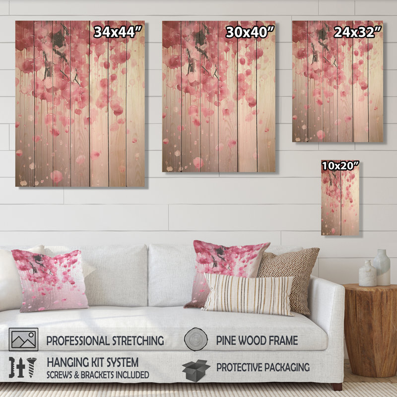 Cerisier rose en fleur II - cerisier sur bois, H 20 po x l 10 po