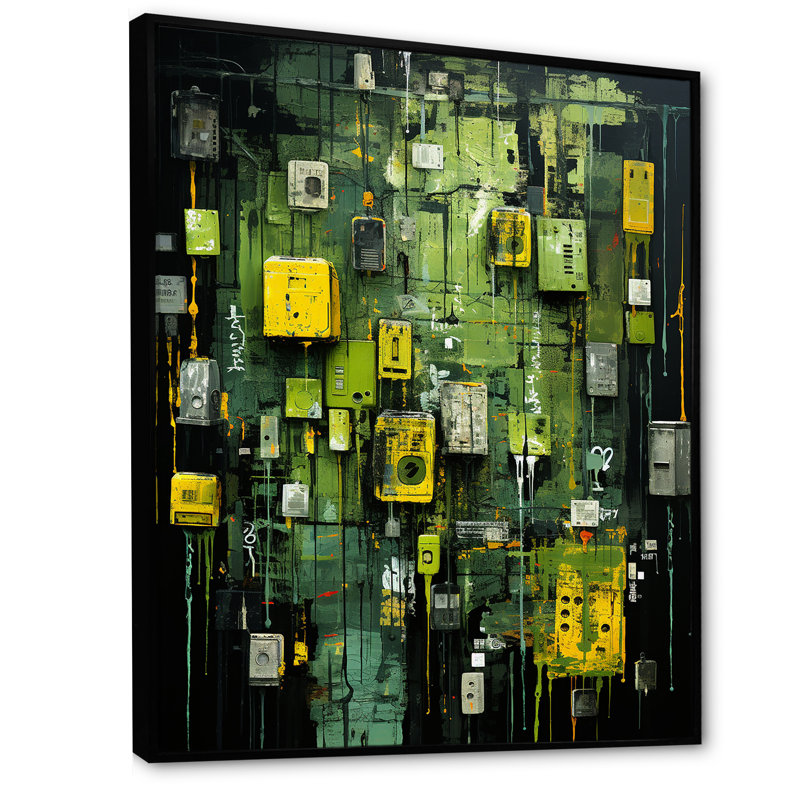 «Green Maya Shapes Mask III» - Décoration murale abstraite, Cadre flottant noir, H 44 po x l 34 po x P 1,5 po