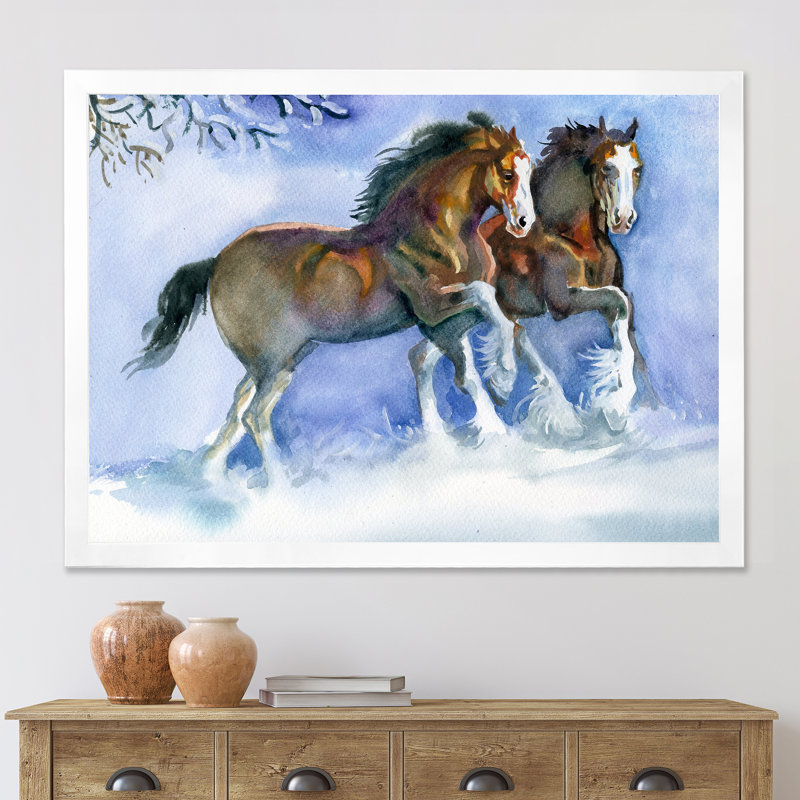 Chevaux qui courent en hiver - reproduction sur toile, H 30 po x l 40 po x 1,5 po, Toile blanche encadrée