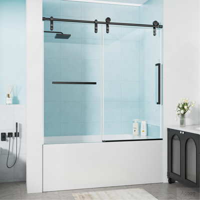 60" W x 60" H Matte Black Frameless Single Sliding Shower Door, Bathtub Door, 5/16"(8mm) Tempered Glass, Explosion-proof Film