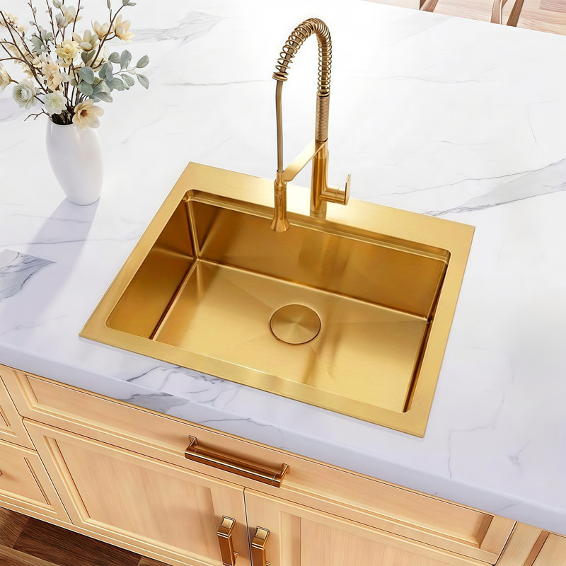 Évier de cuisine à simple cuve à montage sur plan en acier inoxydable de calibre 16 L 28 po x l 22 po avec accessoires, Doré
