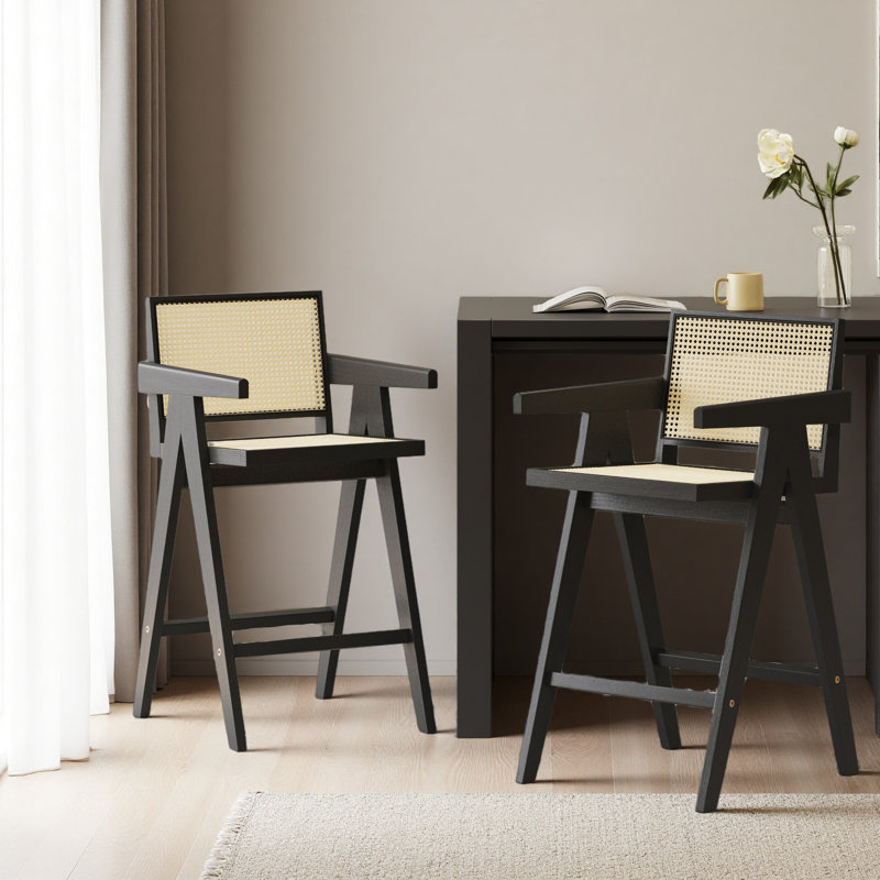 Tabouret de bar moderne avec siège canne, structure en bois massif, Noir