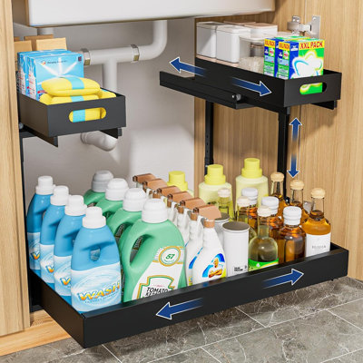 2-Tier Under Sink Organizer – Black Adjustable Pull-Out Shelf With 3 Slide Rails, Expandable Under Cabinet Storage For Kitchen, Bathroom, Laundry, And Pantry