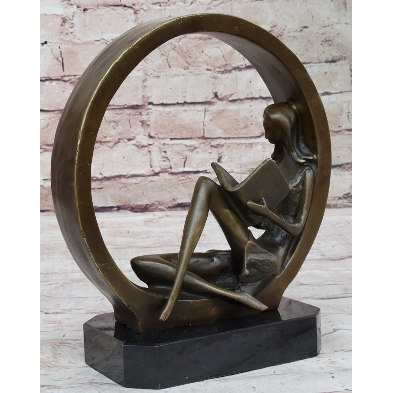 Sculpture originale en bronze signée, œuvre d'art abstraite, lecture de fille