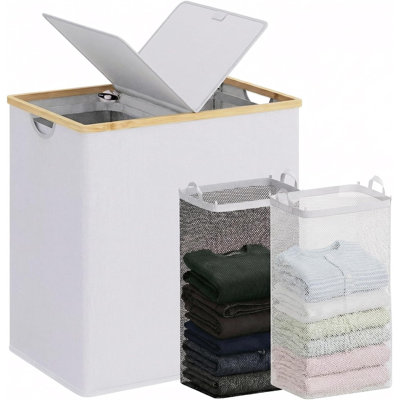 Panier à linge double avec couvercle et 2 sacs amovibles, gris pâle, 2 compartiments, poignées en bambou (36,9 gallons)
