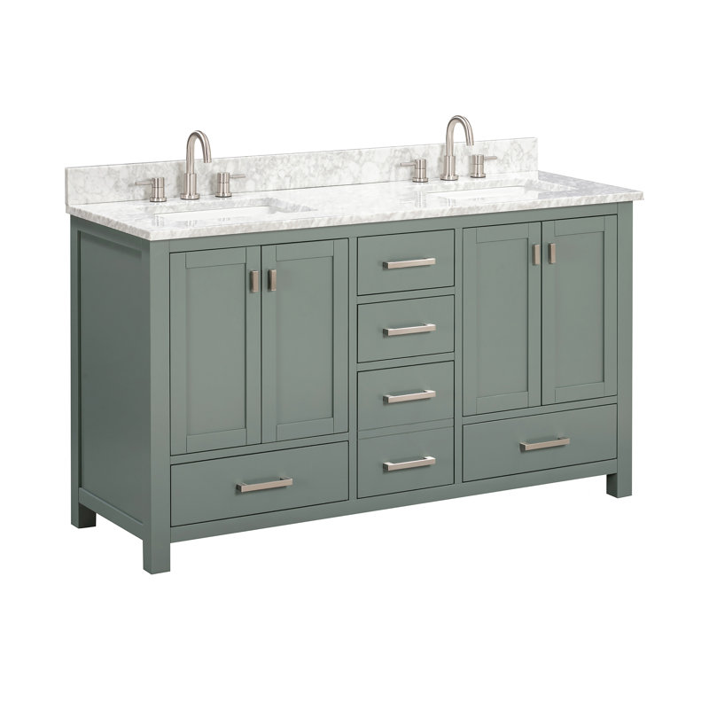 Meuble-lavabo double 60 po avec plateau Souther, Nickel brossé, Vert fumée, Marbre blanc de Carrare