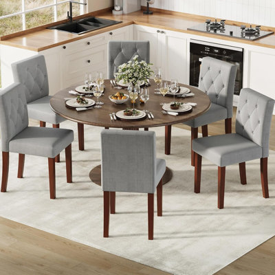 Ensemble de 6 chaises de salle à manger rembourrées, dossier haut en lin de coton avec pieds en bois, chaises d'appoint modernes robustes pour la cuisine