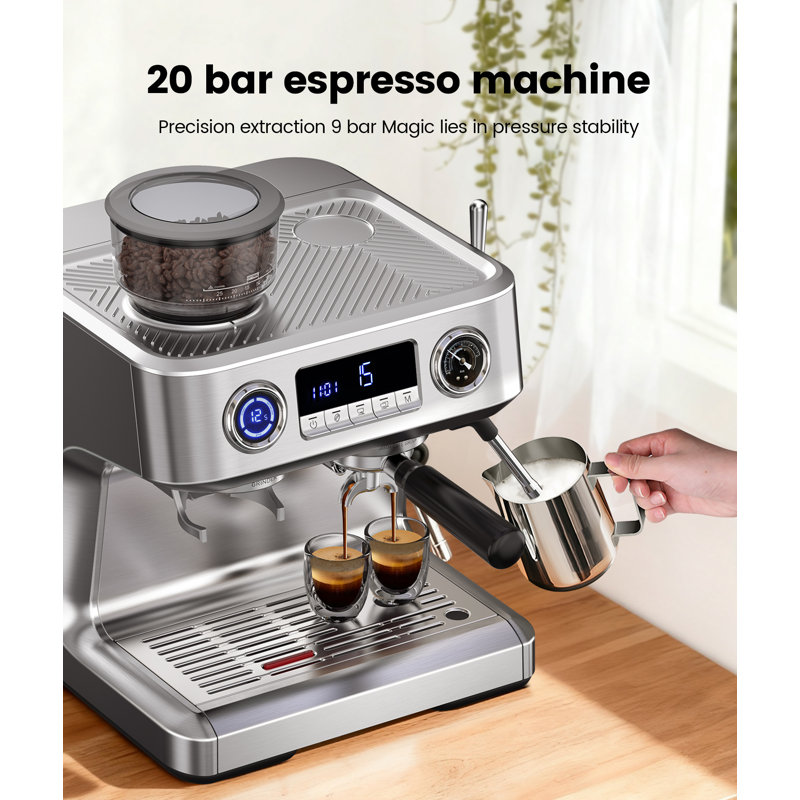 Dual Boiler Espresso Machine with Grinder, 20 Bar Espresso Maker with Milk Steamer & Hot Water, Dual LED Display, Pressure Gauge, Burr Grinder, coffee Machine for Home&Office, Stainless Steel