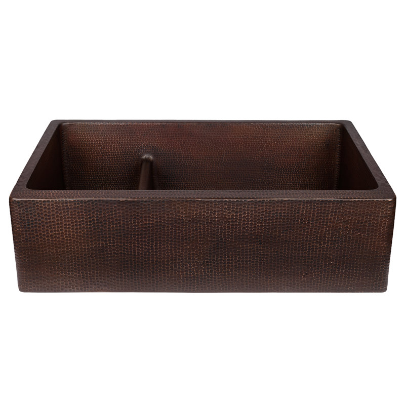 33" Hammered Copper Apron Front 30/70 Double Basin Kitchen Sink with Short 5" Divider