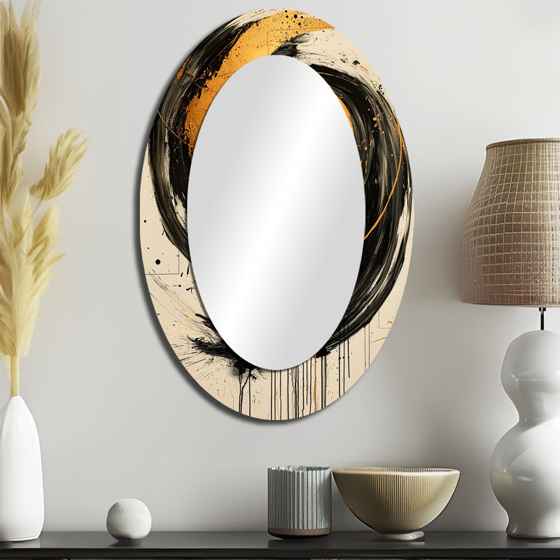 Abstract Circle In Gold And Grey Tones I - Large Oval Wall Mirror On Metal, 36" x 24"