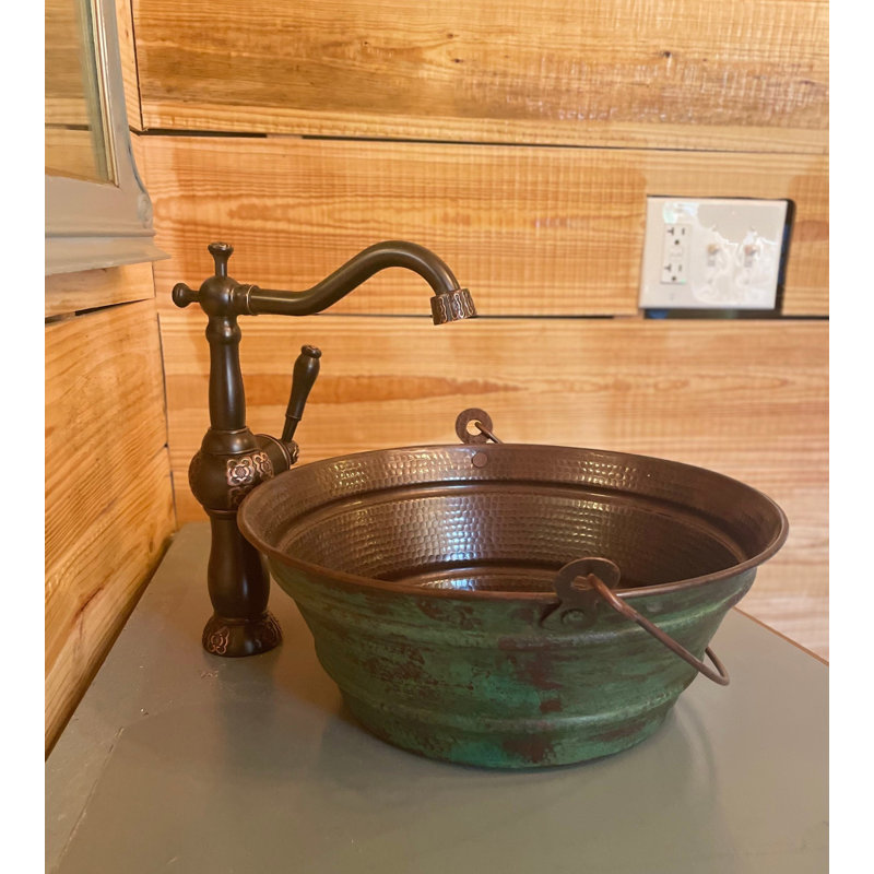15" Hand Forged Copper Vessel Bucket Sink in Green Patina, L&T Drain Included