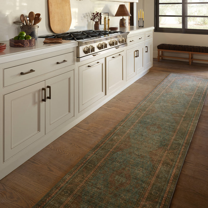 Système de tapis et de coussins lavables bleu sarcelle et cuivre Rowan, Tapis de couloir 2 pi 5 po x 7 pi