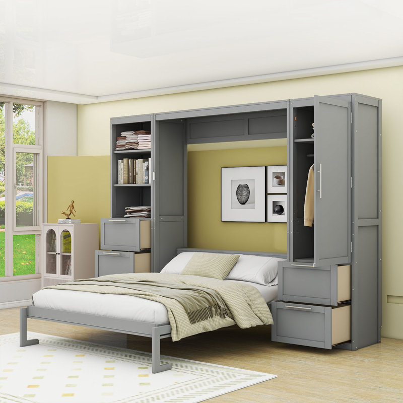 Grand lit escamotable en bois avec 5 tiroirs et rangement intégré, gris