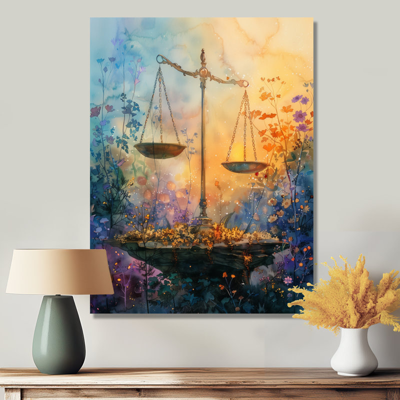 Décoration murale jaune et bleu astrologie équilibrée Balance III - Balance astronomique, H 44 po x l 34 po x P 1,5 po