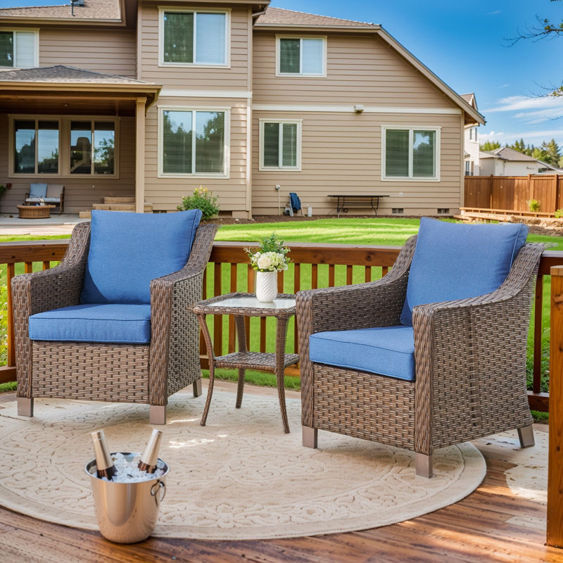 Jenesys Outdoor Wicker Club Chairs & Side Table Set - Weather-Resistant, Blue
