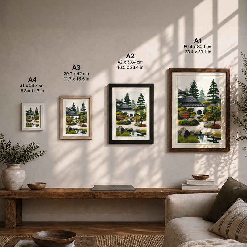Japanese Garden Bridge Japandi - Framed Print, A1 - 84.1 x 59.4 cm, White