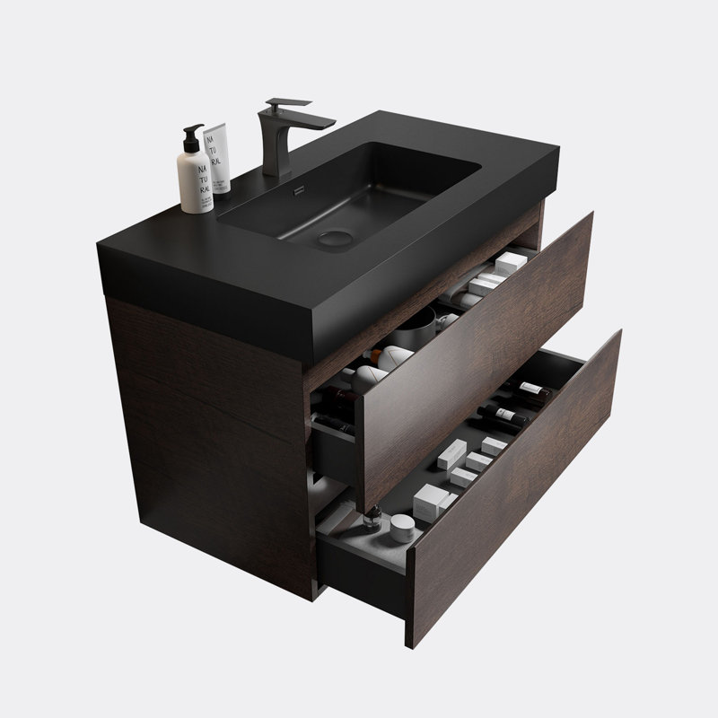 Ensemble de meuble-lavabo mural simple 35,80 po avec plateau Maare, Noir, Brun