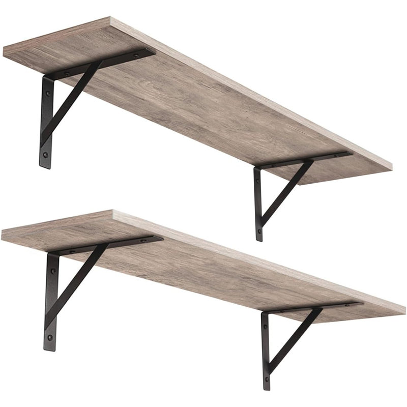 Long Wall Mounted Shelves Set Of 2 - Extra Large Floating Shelves With Sturdy Metal Brackets For Living Room, Bathroom, Bedroom, Kitchen - Heavy Duty Wall Storage Ledges