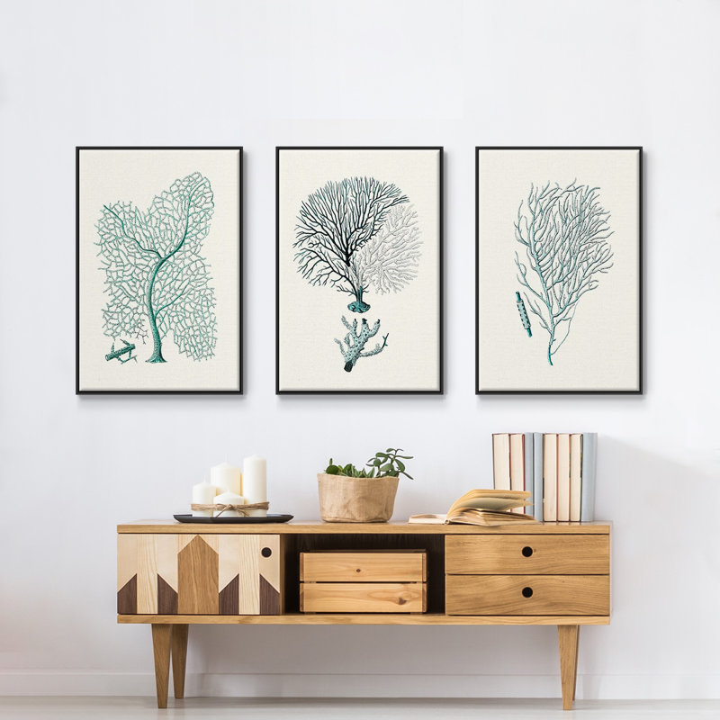" Antique Coastal Coral I " 3 - Pieces, Black, 36" H x 72" W x 2" D