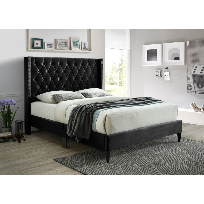 Upholstered Wingback Bed, Black Velvet, Full