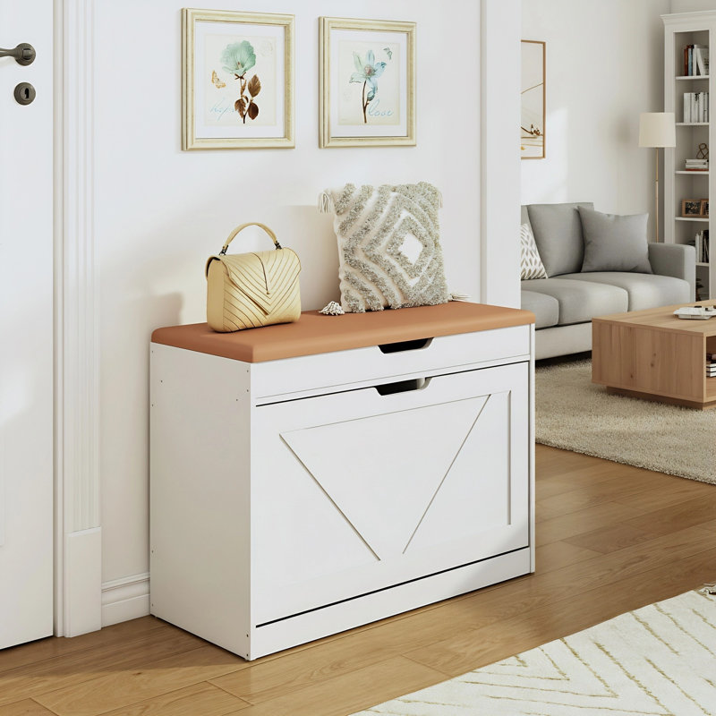 2-Tier Adjustable Shoe Cabinet,Upholstered Shoe Storage Bench With Cabinet, White