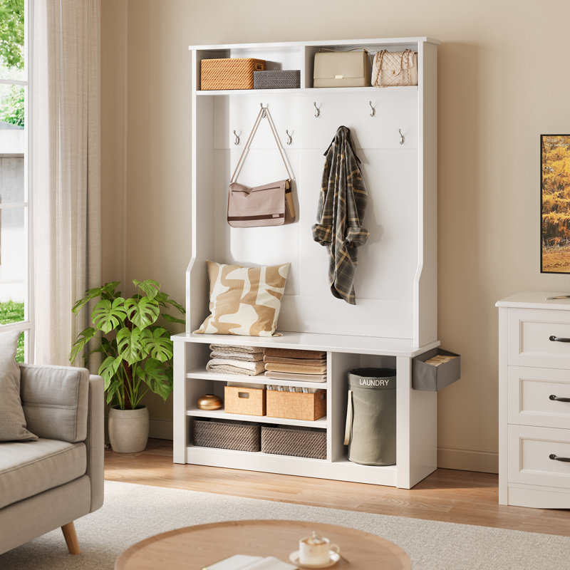 Arbre d'entrée de ferme avec banc, rangement pour chaussures, paniers latéraux et crochets - idéal pour le vestibule, Blanc