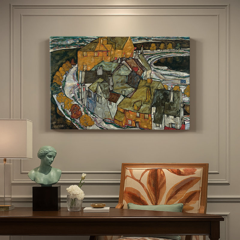 Egon Schiele "Crescent of House (Island Town)" - Art mural sur toile de qualité musée, 8 x 12