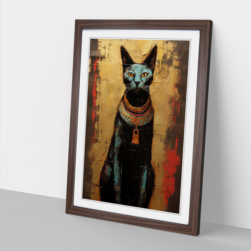 XYZ-FRM-V1223-594 Egyptian Cat Action Painting No.2 - Single Picture Frame Print on Wood, Walnut, 46cm H x 34cm W x 2cm D