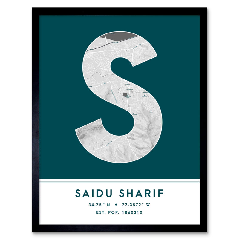 Saidu Sharif City Map Saidu Sharif Teal by Wee Blue Coo - Single Picture Frame Typography