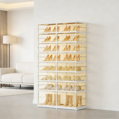 Foldable Shoe Rack With Doors – Stackable Plastic Shoe Storage Organizer (Brown)
