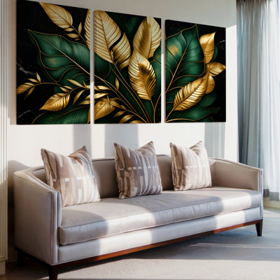3 Pieces Exculisive Emerald and Gold Botanical Large Wall Art Tropical Leaves Panoramic Canvas, Canvas Decor for Living Room, Bedroom and Office