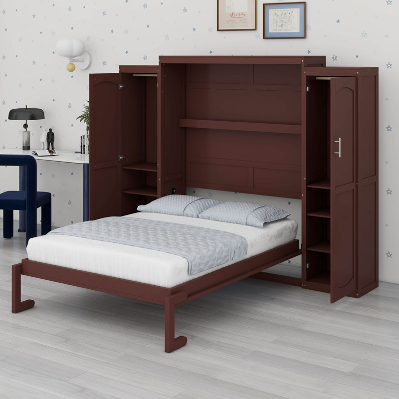 Full Size Murphy Bed Wall Cabinet With 2 Wardrobe And Storage Shelf, Wooden Murphy Cube Wall Bed,Multifunctional Foldable Wall Platform Bedframe For Guest-Room