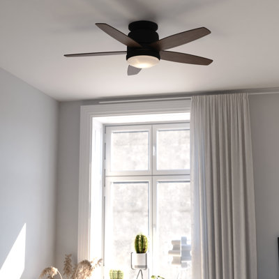 Gurmaan 44 in. Black Indoor Low Profile Flush Mount Transitional Ceiling Fan with Reversible Black-Brown Hickory Blades, Dimmable Integrated LED Light Kit and Remote Control, 3 Speeds, White Glass Shade