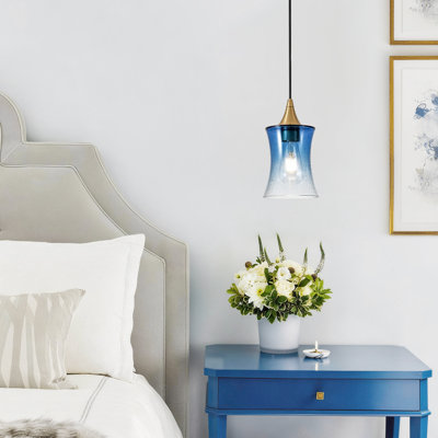 1 - Light Modern Cinched Glass Gradient Blue Seeded Bell Pendant Light