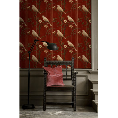 Chinoiserie Bird Wallpaper Red Removable Peel And Stick Floral Wall Double Roll