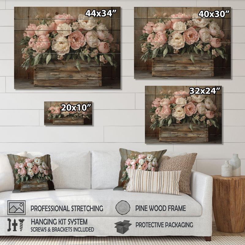 Farmhouse Chic Bouquet II - Peonies Wood Wall Art - On Natural Pine Wood, 30" H x 40" W x 0.78" D