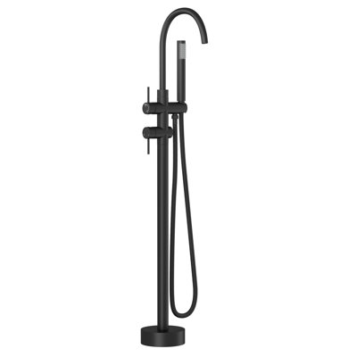 Freestanding Bathtub Faucet Floor Mount In Matte Black, Smoothly Adjustable Spout, Dual Outlet Selection, Handheld Shower With Ergonomic Design Black Tub Filler, Splash - Water Stream, Independent ,